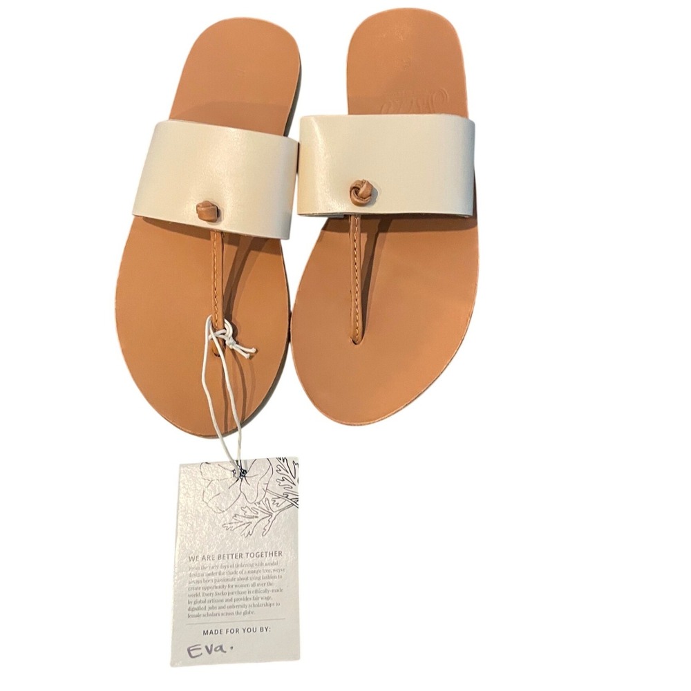 Sseko Designs Womens Tan Leather T-Strap Slide Sandals Size 5 Ethically Made